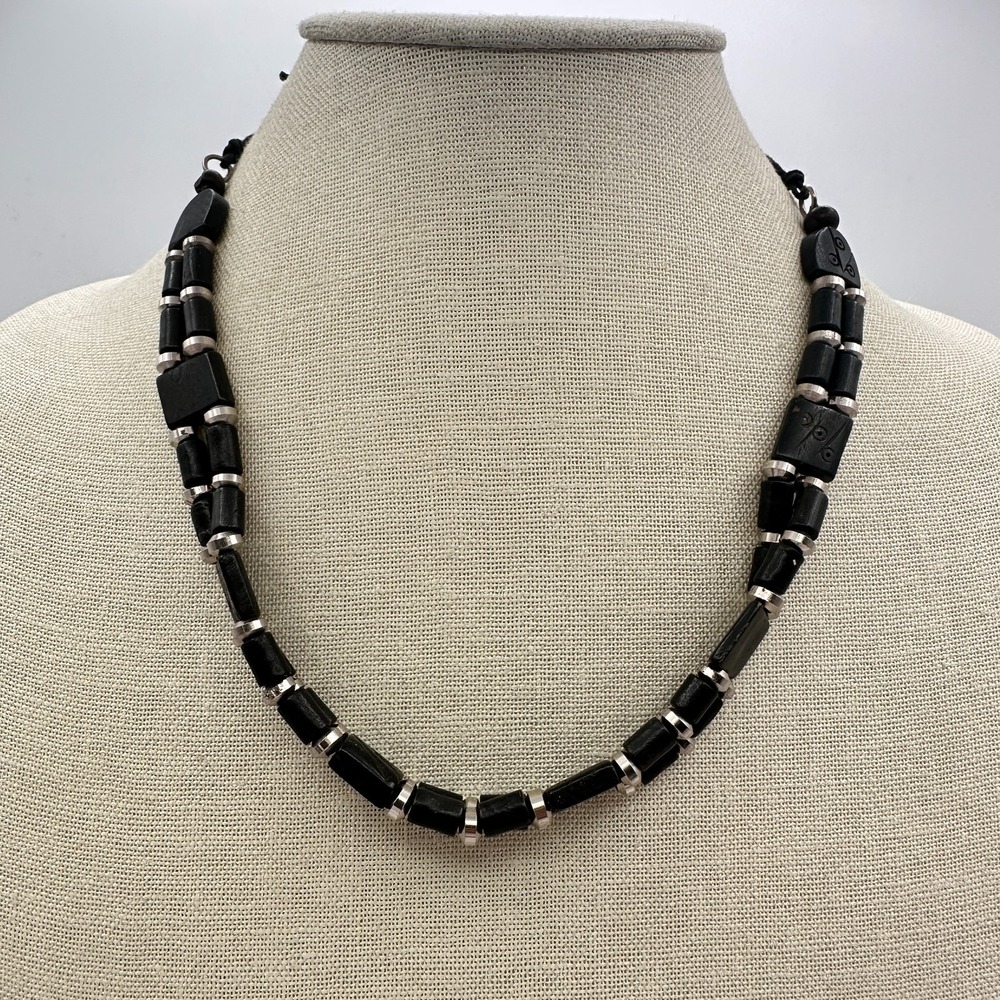 Vintage 90s Silver Tone Black Carved Wooden Beaded Necklace Boho Jewelry